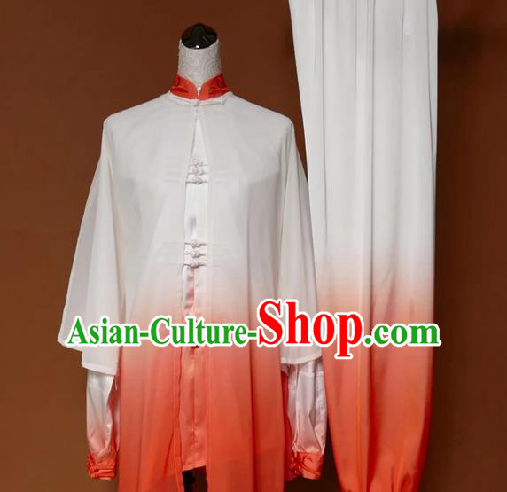 Asian Chinese Top Grade Silk Kung Fu Costume Martial Arts Tai Chi Training Suit, China Gongfu Shaolin Wushu Gradient Orange Uniform for Women