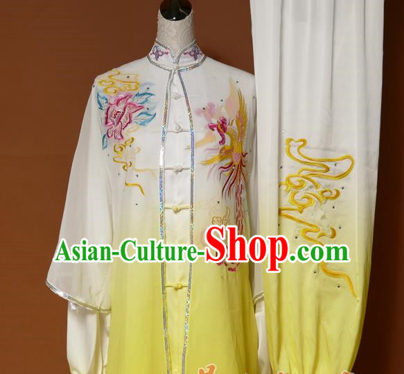 Top Grade Kung Fu Costume Asian Chinese Martial Arts Tai Chi Training Yellow Uniform, China Embroidery Phoenix Peony Gongfu Shaolin Wushu Clothing for Women