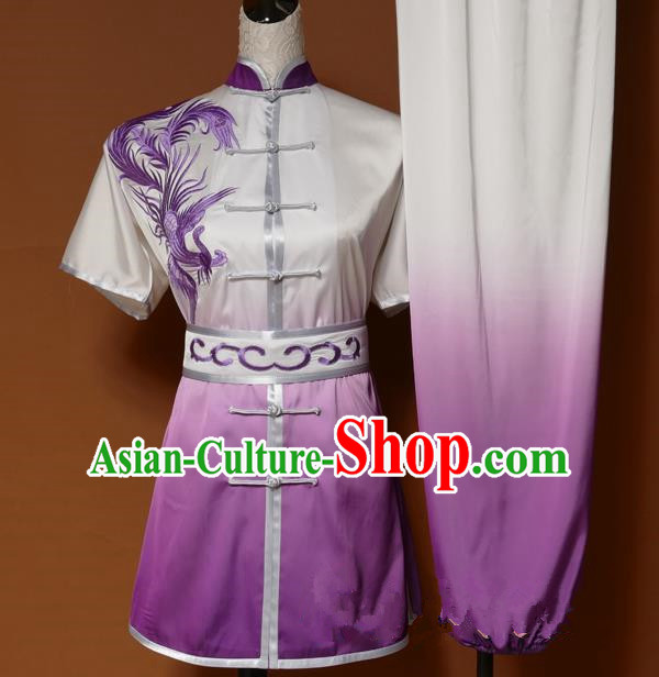Top Grade Kung Fu Costume Asian Chinese Martial Arts Tai Chi Training Purple Uniform, China Embroidery Phoenix Gongfu Shaolin Wushu Clothing for Women