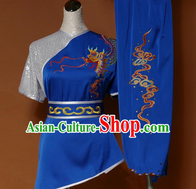 Top Grade Kung Fu Costume Asian Chinese Martial Arts Tai Chi Training Blue Uniform, China Embroidery Dragon Gongfu Shaolin Wushu Clothing for Men