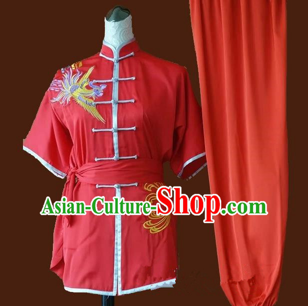 Top Grade Kung Fu Costume Asian Chinese Martial Arts Tai Chi Training Red Uniform, China Embroidery Phoenix Gongfu Shaolin Wushu Clothing for Women