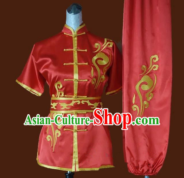Top Grade Kung Fu Silk Costume Asian Chinese Martial Arts Tai Chi Training Red Uniform, China Embroidery Gongfu Shaolin Wushu Clothing for Women