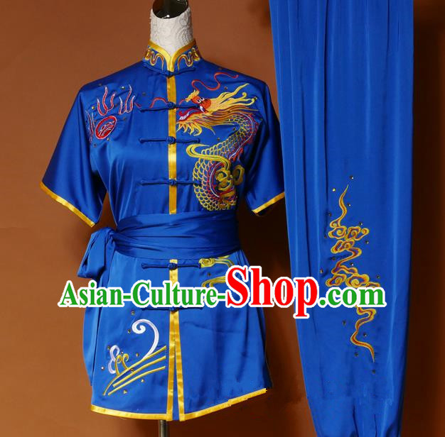 Top Grade Kung Fu Silk Costume Asian Chinese Martial Arts Tai Chi Training Royalblue Short Sleeve Uniform, China Embroidery Dragon Gongfu Shaolin Wushu Clothing for Men