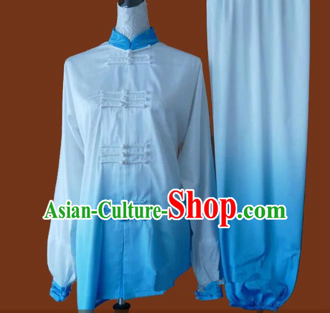 Top Grade Kung Fu Silk Costume Asian Chinese Martial Arts Tai Chi Training Blue Uniform, China Plated Buttons Gongfu Shaolin Wushu Clothing for Men for Women