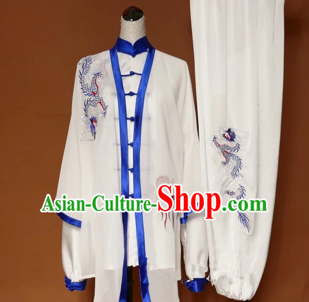 Top Grade Kung Fu Silk Costume Asian Chinese Martial Arts Tai Chi Training Uniform, China Embroidery Blue Dragon Gongfu Shaolin Wushu Clothing for Men for Women
