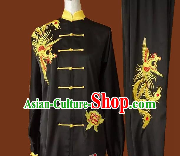 Top Grade Kung Fu Silk Costume Asian Chinese Martial Arts Tai Chi Training Black Uniform, China Embroidery Phoenix Gongfu Shaolin Wushu Clothing for Men for Women