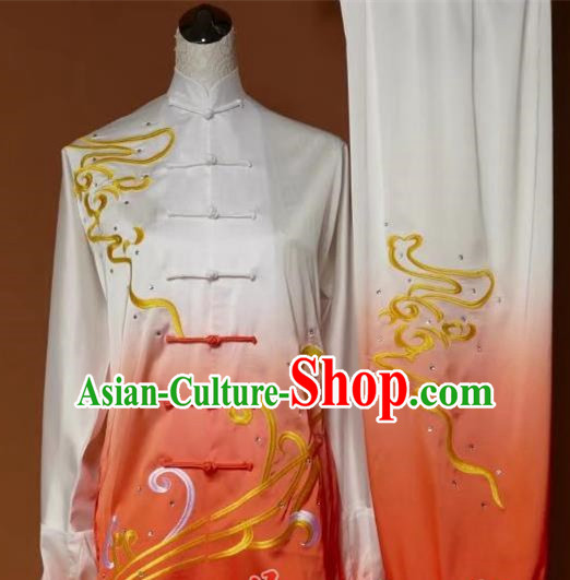 Top Grade Kung Fu Silk Costume Asian Chinese Martial Arts Tai Chi Training Orange Uniform, China Embroidery Gongfu Shaolin Wushu Clothing for Men