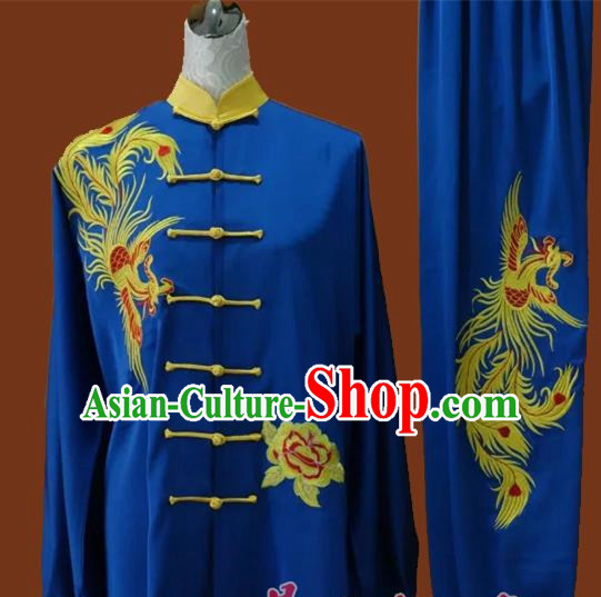 Top Grade Kung Fu Silk Costume Asian Chinese Martial Arts Tai Chi Training Blue Uniform, China Embroidery Phoenix Gongfu Shaolin Wushu Clothing for Men for Women