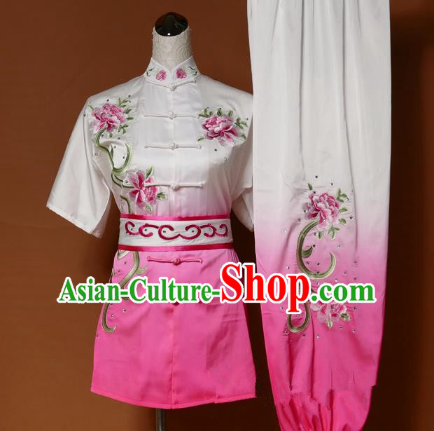 Top Grade Kung Fu Silk Costume Asian Chinese Martial Arts Tai Chi Training Gradient Pink Uniform, China Embroidery Peony Gongfu Shaolin Wushu Clothing for Women