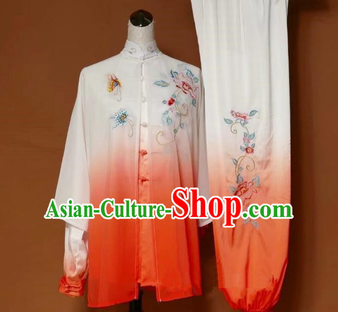 Top Grade Kung Fu Silk Costume Asian Chinese Martial Arts Tai Chi Training Gradient Orange Uniform, China Embroidery Peony Gongfu Shaolin Wushu Clothing for Women
