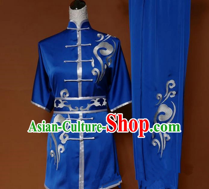 Top Grade Kung Fu Silk Costume Asian Chinese Martial Arts Tai Chi Training Blue Uniform, China Embroidery Short Sleeve Gongfu Shaolin Wushu Clothing for Women