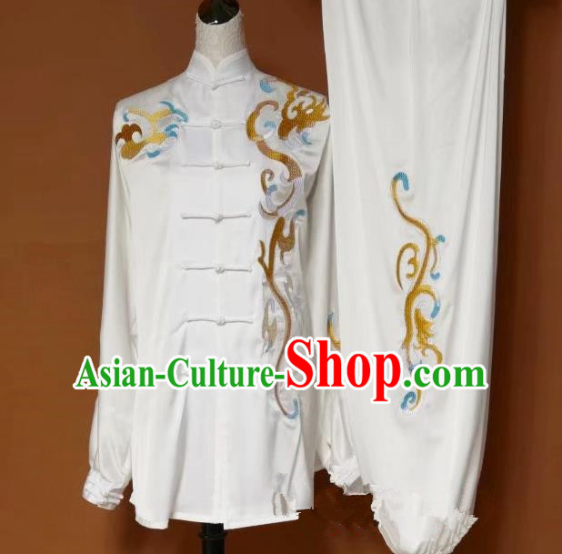Top Grade Kung Fu Silk Costume Asian Chinese Martial Arts Tai Chi Training White Uniform, China Embroidery Gongfu Shaolin Wushu Clothing for Men
