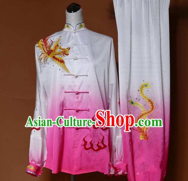 Top Grade Kung Fu Silk Costume Asian Chinese Martial Arts Tai Chi Training Pink Uniform, China Embroidery Phoenix Gongfu Shaolin Wushu Clothing for Women