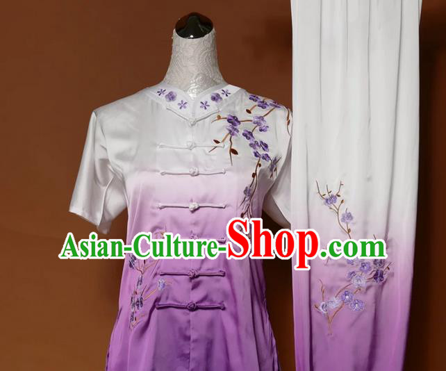 Asian Chinese Top Grade Silk Kung Fu Costume Martial Arts Tai Chi Training Gradient Purple Uniform, China Embroidery Plum Blossom Gongfu Shaolin Wushu Clothing for Women