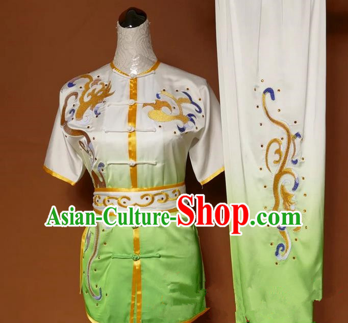 Asian Chinese Top Grade Silk Kung Fu Costume Martial Arts Tai Chi Training Gradient Green Uniform, China Embroidery Gongfu Shaolin Wushu Clothing for Women