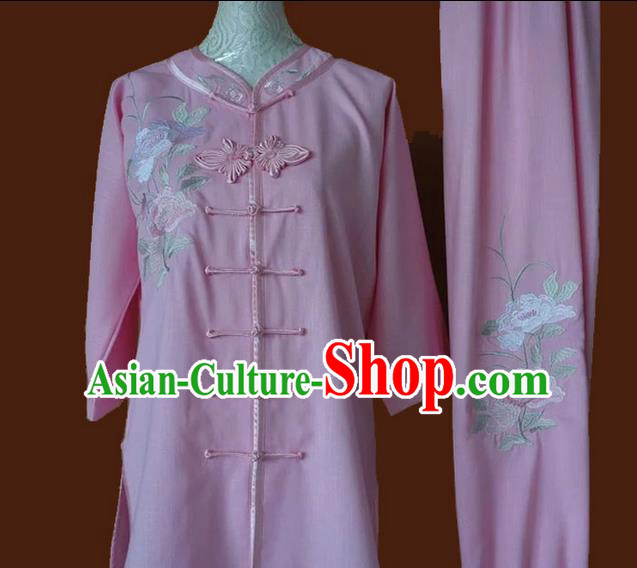 Asian Chinese Top Grade Silk Kung Fu Costume Martial Arts Tai Chi Training Pink Plated Buttons Uniform, China Embroidery Peony Gongfu Shaolin Wushu Clothing for Women
