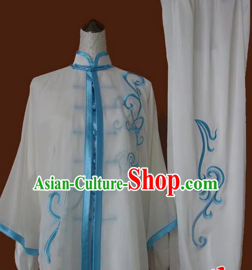 Asian Chinese Top Grade Silk Kung Fu Costume Martial Arts Tai Chi Training Suit, China Gongfu Shaolin Wushu Embroidery Dragon Embroidery Blue Uniform for Men