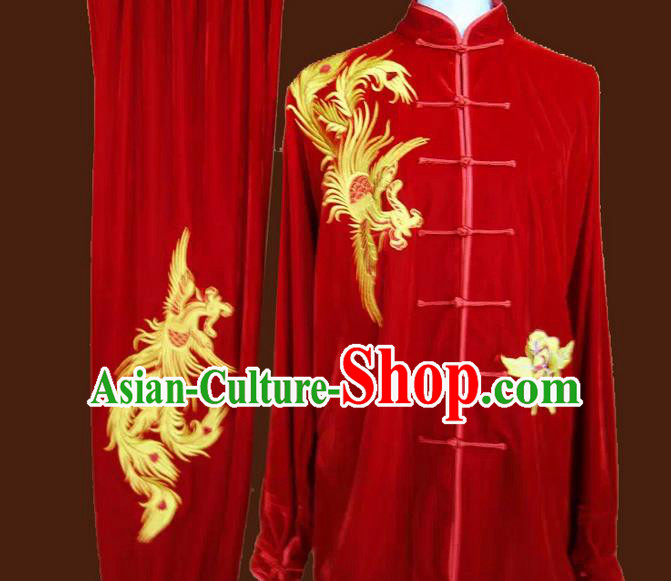 Asian Chinese Top Grade Velvet Kung Fu Costume Martial Arts Tai Chi Training Suit, China Gongfu Shaolin Wushu Embroidery Phoenix Red Uniform for Women