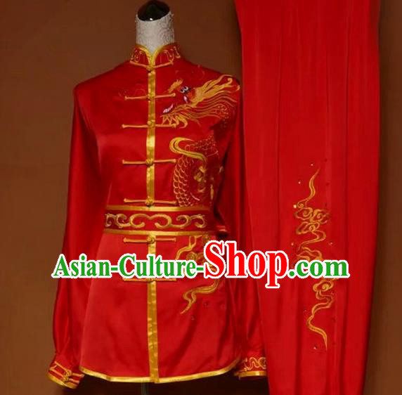 Asian Chinese Top Grade Linen Kung Fu Costume Martial Arts Tai Chi Training Suit, China Gongfu Shaolin Wushu Embroidery Dragon Red Uniform for Men