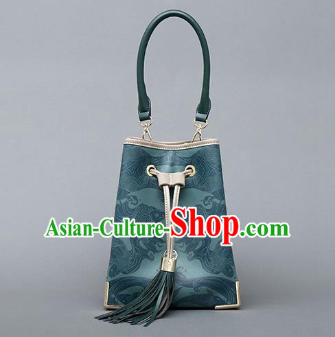 Traditional Handmade Asian Chinese Element Clutch Bucket Bags Shoulder Bag Printing National Green Handbag for Women