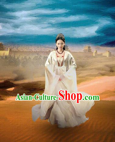 Asian Chinese Traditional Ancient Imperial Princess Costume and Headpiece Complete Set, Lost Love In Times China Northern and Southern Dynasties Young Lady Dress Clothing