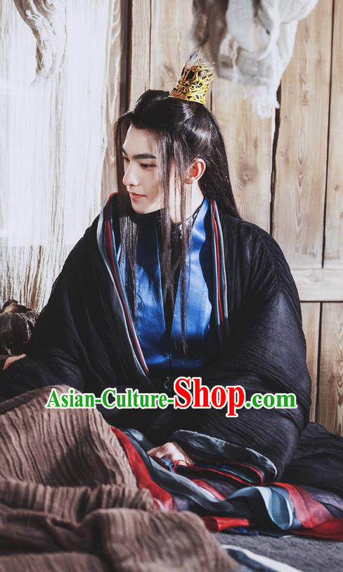 Asian Chinese Traditional Ancient Handsome Childe Costume and Headpiece Complete Set, Once Upon a Time China Swordsman Hanfu Prince Robe Clothing