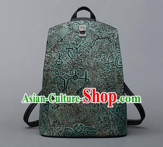 Traditional Handmade Asian Chinese Element Clutch Bags Backpack National Bronze Pattern Green Leather Handbag for Women