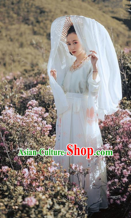 Traditional Ancient Chinese Costume Embroidery Half-Sleeves Blouse and Skirt Complete Set, Elegant Hanfu Clothing Chinese Song Dynasty Imperial Princess Clothing for Women