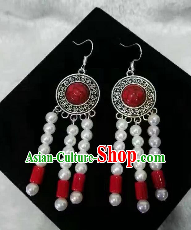 Traditional Handmade Chinese  Mongol Nationality Dance Accessories Red Earrings, China Mongols Mongolian Minority Nationality Princess White Pearls Tassel Eardrop for Women