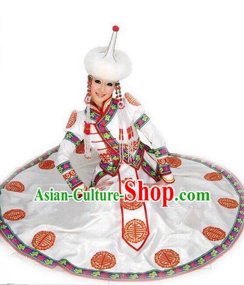 Traditional Chinese Mongol Nationality Dance Costume Handmade Princess Mongolian Robe, China Mongolian Minority Nationality White Dress Clothing for Women