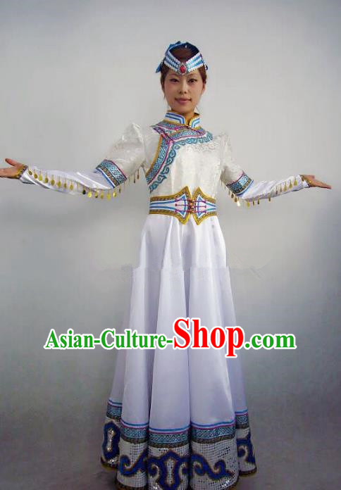Traditional Chinese Mongol Nationality Dance Costume Handmade White Mongolian Robe, China Mongolian Minority Nationality Bride Dress Clothing for Women
