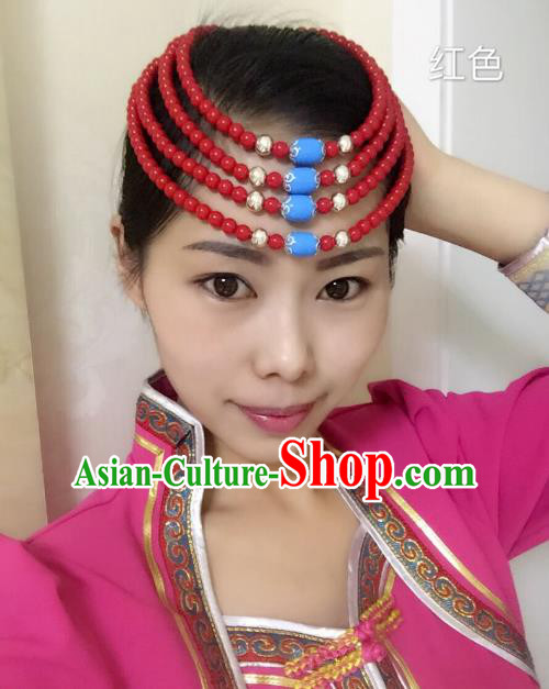 Traditional Handmade Chinese Mongol Nationality Handmade Red Beads Headband, China Mongols Mongolian Minority Nationality Wedding Bride Headwear Headpiece for Women