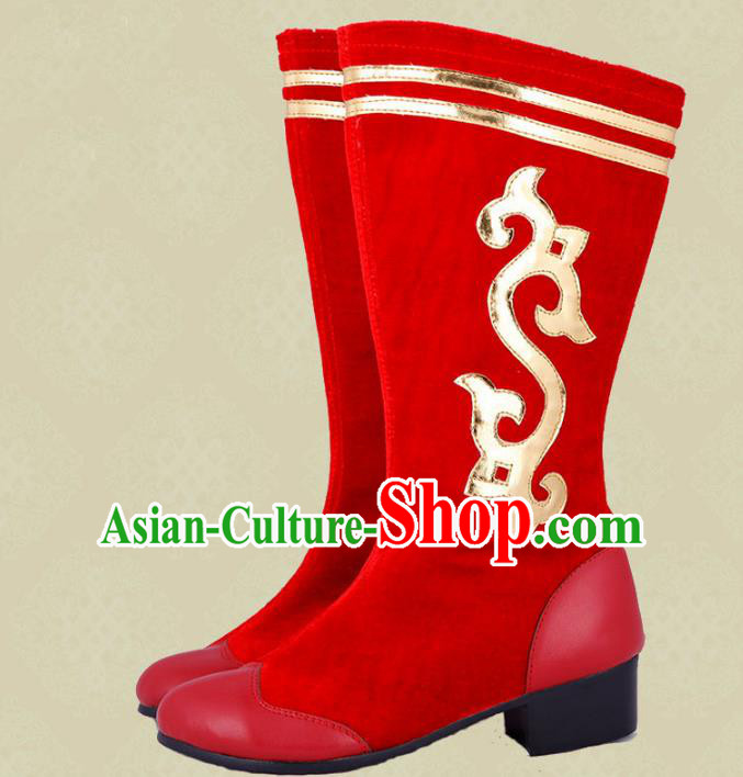 Traditional Chinese Minority Mongol Nationality Dance White Shoes, Ethnic Minorities Red Mongolian Boots for Women