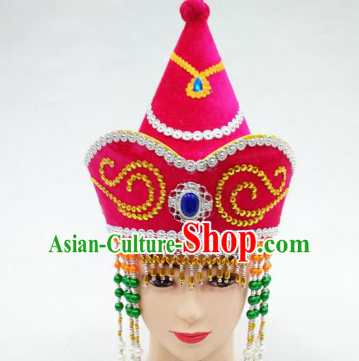 Traditional Handmade Chinese Mongol Nationality Handmade Princess Tassel Rosy Hat Hair Accessories, China Mongols Mongolian Minority Nationality Wedding Headwear for Women