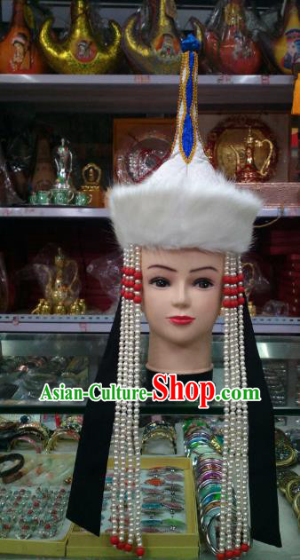 Traditional Handmade Chinese Mongol Nationality Handmade Princess Pearls Tassel Hat Hair Accessories, China Mongols Mongolian Minority Nationality Wedding Headwear for Women