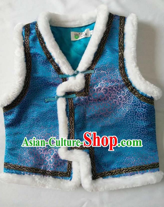 Traditional Chinese Mongol Nationality Dance Costume Handmade Blue Mongolian Vest, China Mongolian Minority Nationality Waistcoat Clothing for Kids