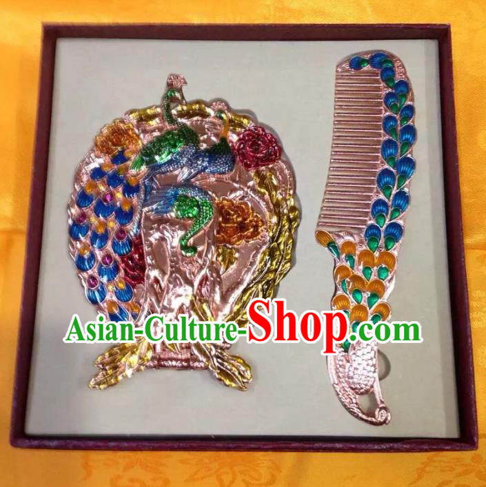 Traditional Handmade Chinese Mongol Nationality Crafts Blue Hair Comb and Peacock Pocket Mirror, China Mongolian Minority Nationality Cloisonne Mirror for Women