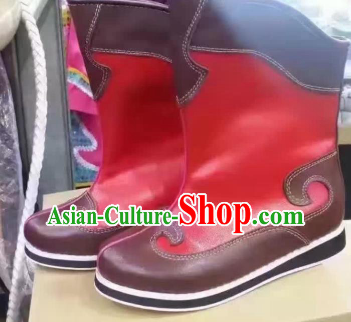 Traditional Chinese Minority Mongol Nationality Dance Red Shoes, Ethnic Minorities Mongolian Boots for Kids