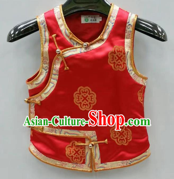 Traditional Chinese Mongol Nationality Dance Costume Handmade Mongolian Vest, China Mongolian Minority Nationality Red Waistcoat for Kids