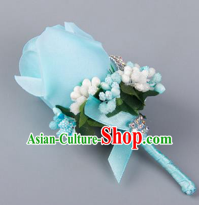 Top Grade Wedding Accessories Decoration Flower Corsage, China Style Wedding Ornament Champagne Bridegroom Blue Rose Brooch