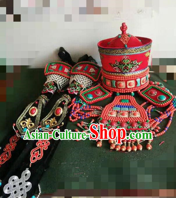 Traditional Handmade Chinese Mongol Nationality Handmade Princess Hat, China Mongols Mongolian Minority Nationality Wedding Bride Headwear Headpiece for Women