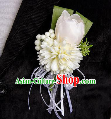 Top Grade Classical Wedding White Silk Tulipa Flowers,Groom Emulational Corsage Groomsman Brooch Flowers for Men