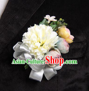 Top Grade Classical Wedding White Ribbon Silk Flowers,Groom Emulational Corsage Groomsman Brooch Flowers for Men