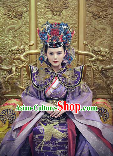 Traditional Ancient Chinese Palace Empress Costume and Headpiece Complete Set, Chinese Ming Dynasty Queen Dress Clothing for Women