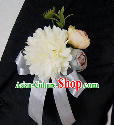 Top Grade Classical Wedding Silk Flowers,Groom Emulational Corsage Groomsman White Ribbon Brooch Flowers for Men