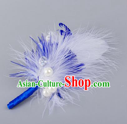 Top Grade Classical Wedding Royalblue Feather Corsage Brooch, Groom Emulational Corsage Groomsman Brooch Flowers for Men
