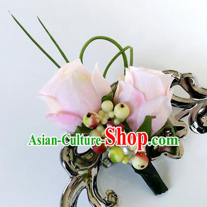 Top Grade Classical Wedding Pink Roses Corsage Brooch, Groom Emulational Corsage Groomsman Brooch Flowers for Men