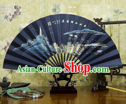 Traditional Chinese Crafts Ebonize Folding Fan, China Sensu Landscape Painting Calligraphy Silk Fan Hanfu Fans for Men