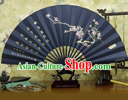 Traditional Chinese Crafts Ebonize Folding Fan, China Sensu Landscape Painting Plum Blossom Silk Fan Hanfu Fans for Men