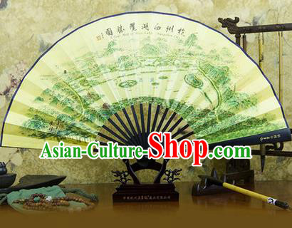 Traditional Chinese Crafts Ebonize Folding Fan, China Sensu Ink Painting Hangzhou Scenery Silk Fan Hanfu Fans for Men